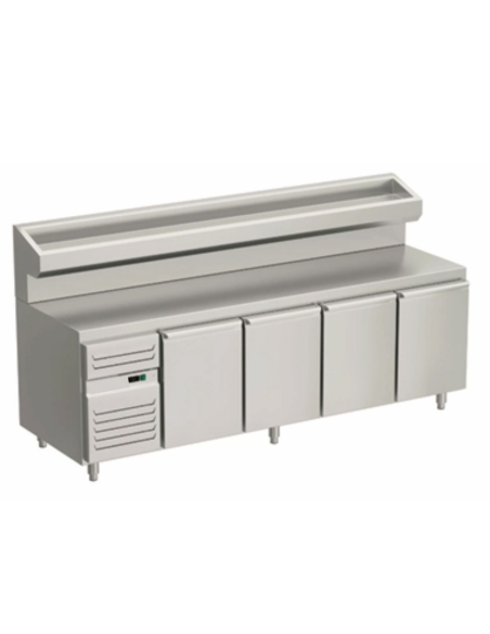 Pizzakylbänk med 4 dörrar och upphöjd kylränna