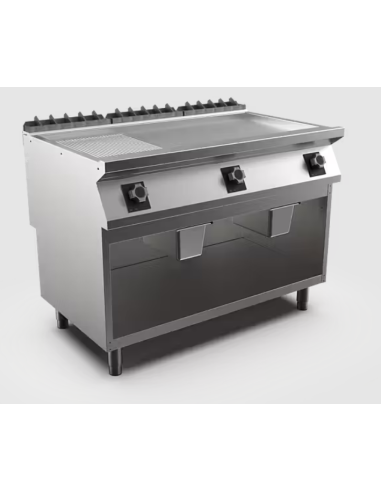 Satin-kromstekhäll HS räfflad, 3 zoner, 1/3 räfflad stekyta - 1200 × 750 × 900 mm